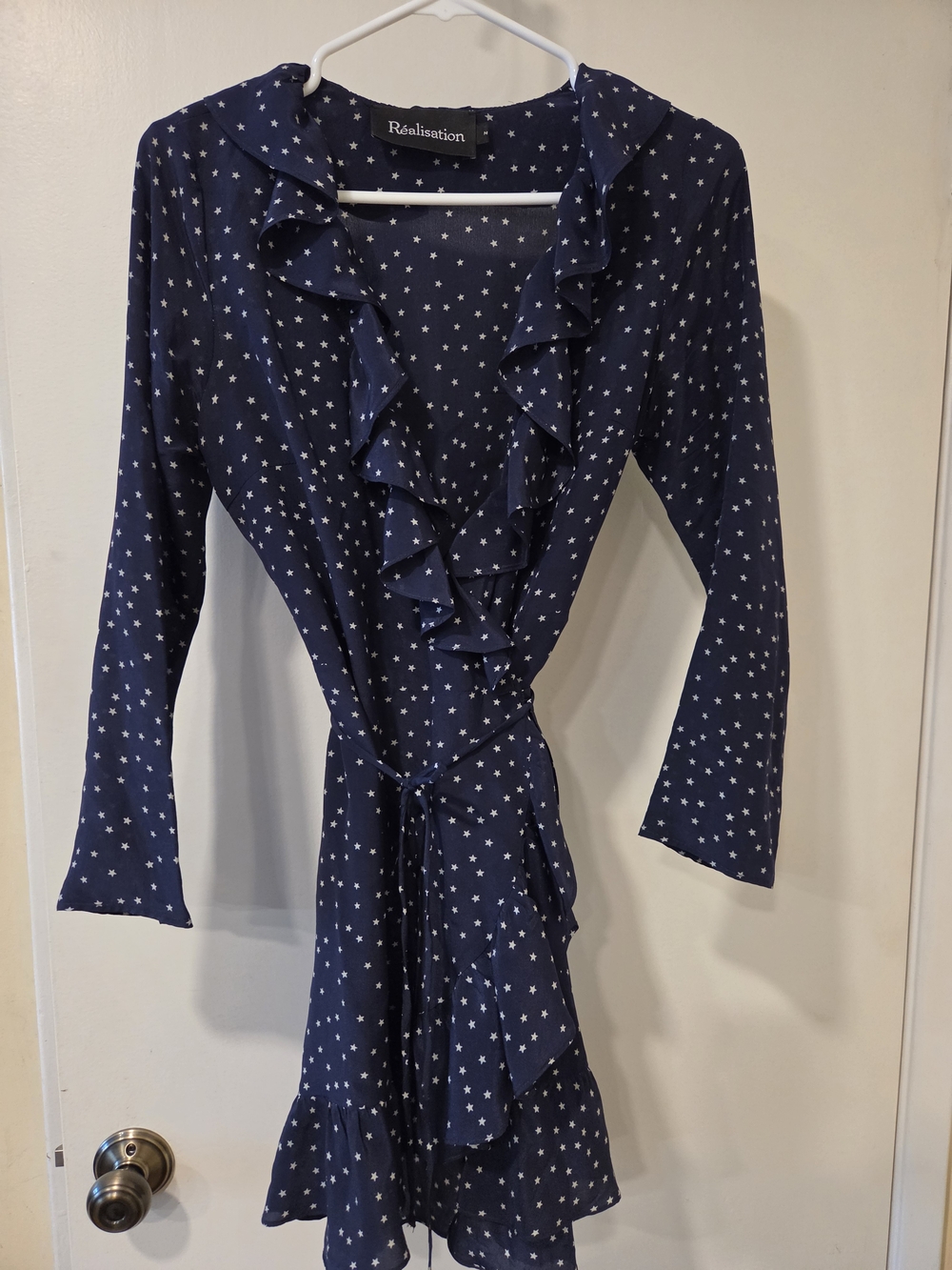 Realisation Par Navy Star Print Ruffle Wrap Dress
